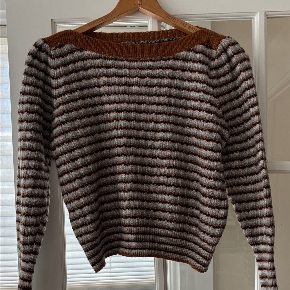 Nine West Brown and White Striped Crew Neck Sweater